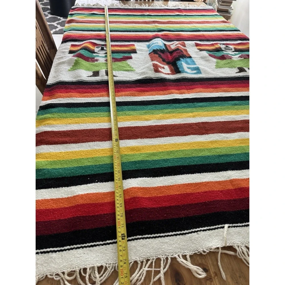 Hand Woven Mexican Folk Art Large Blanket Throw Textile Tapestry 74x47 in